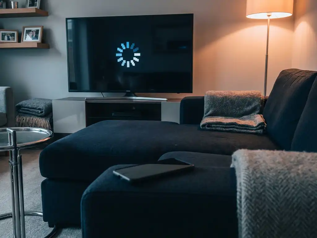 Samsung smart TV showing frozen pixelated loading spinner in a modern living room, smartphone resting on a dark sofa nearby.