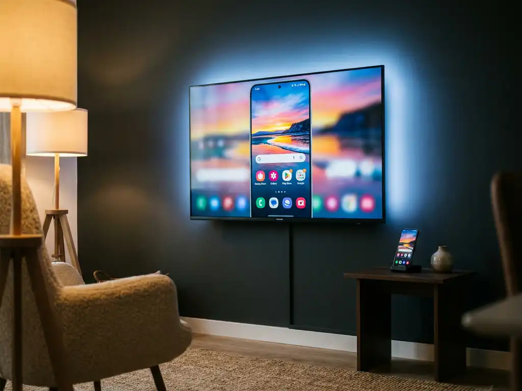 Samsung TV displaying a mirrored smartphone screen in a modern living room with blue ambient backlight and warm floor lamp accent lighting.