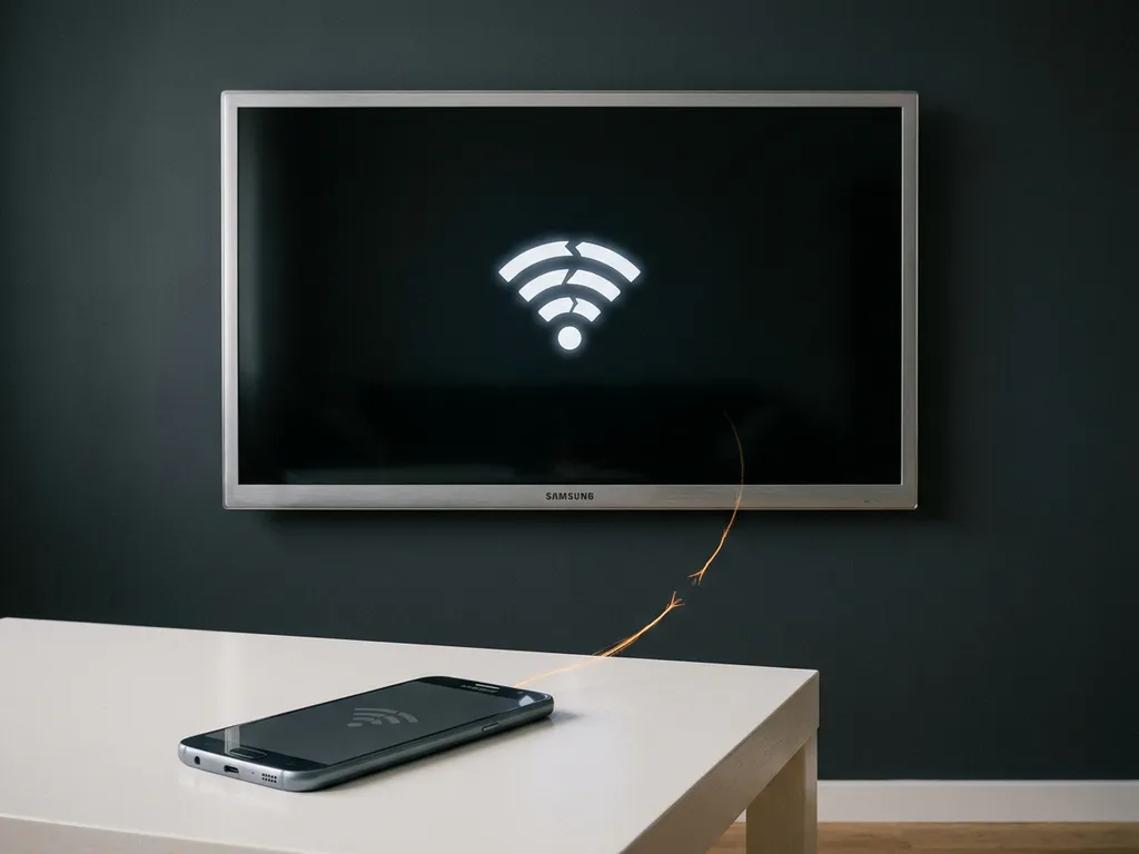 Samsung TV displaying a fractured wireless signal icon beside a smartphone on a white coffee table, symbolizing device disconnection.