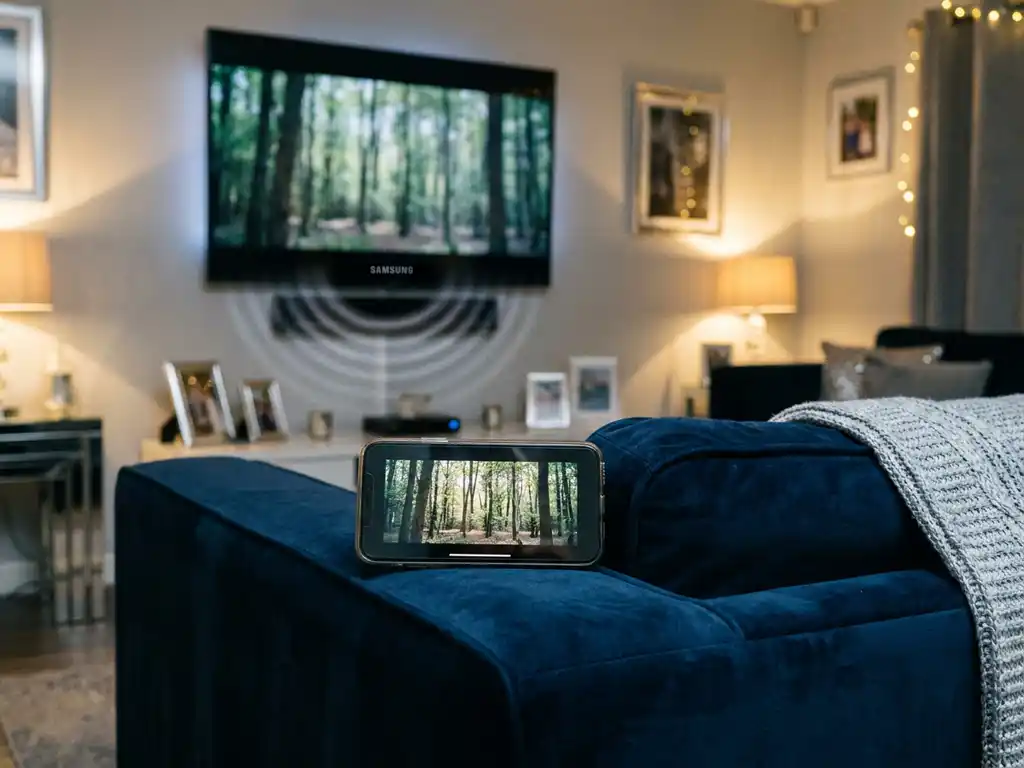 Smartphone on couch armrest displaying paused video, Samsung TV glowing in background with sound wave rippling from speaker in dim living room.