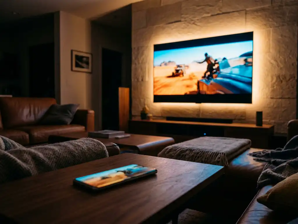 Smartphone wirelessly casting a movie to a Panasonic flat-screen TV in a dimly lit modern living room with warm amber and cool blue tones.