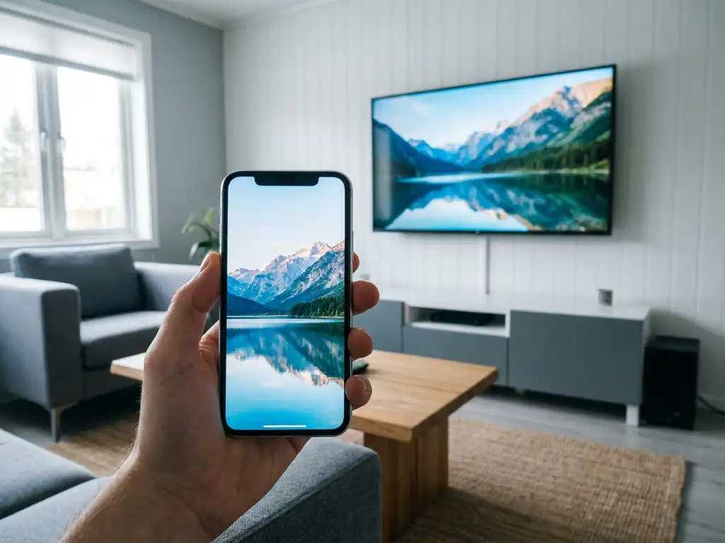 Smartphone wirelessly mirroring a 4K landscape to a wall-mounted LG TV in a sunlit living room.