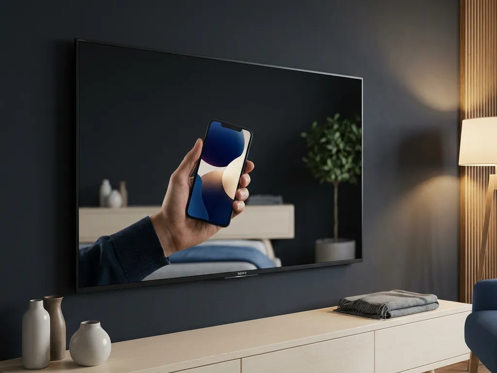 Sony Bravia TV mounted on living room wall mirroring a smartphone screen wirelessly, soft ambient lighting, modern minimal décor.