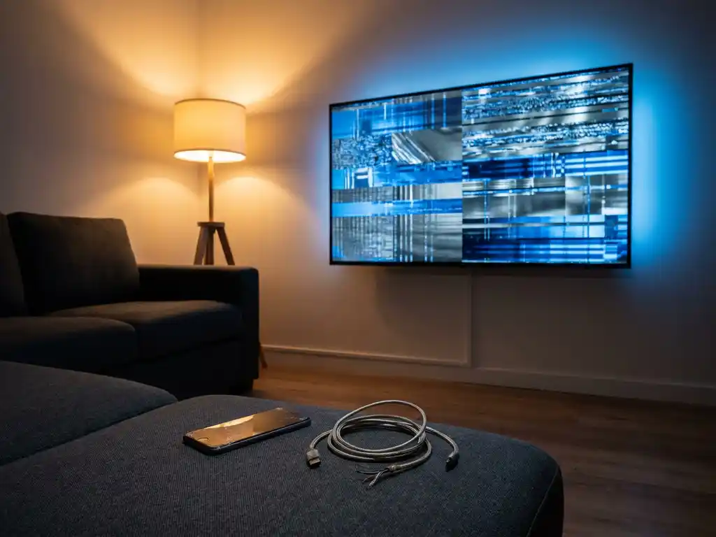 Sony TV with glitching fragmented screen in dimly lit living room, smartphone on couch beside frayed cable suggesting lost wireless connection.