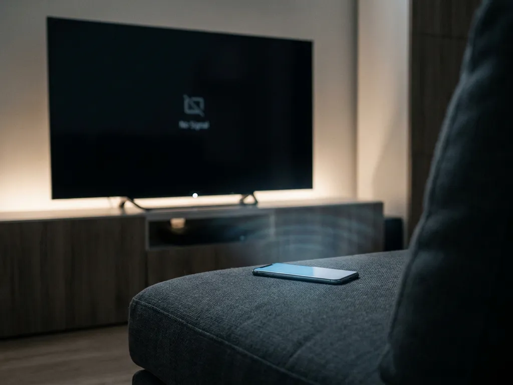 Sony TV displaying a blank screen in a dim living room, with a glowing smartphone resting on a nearby couch cushion.