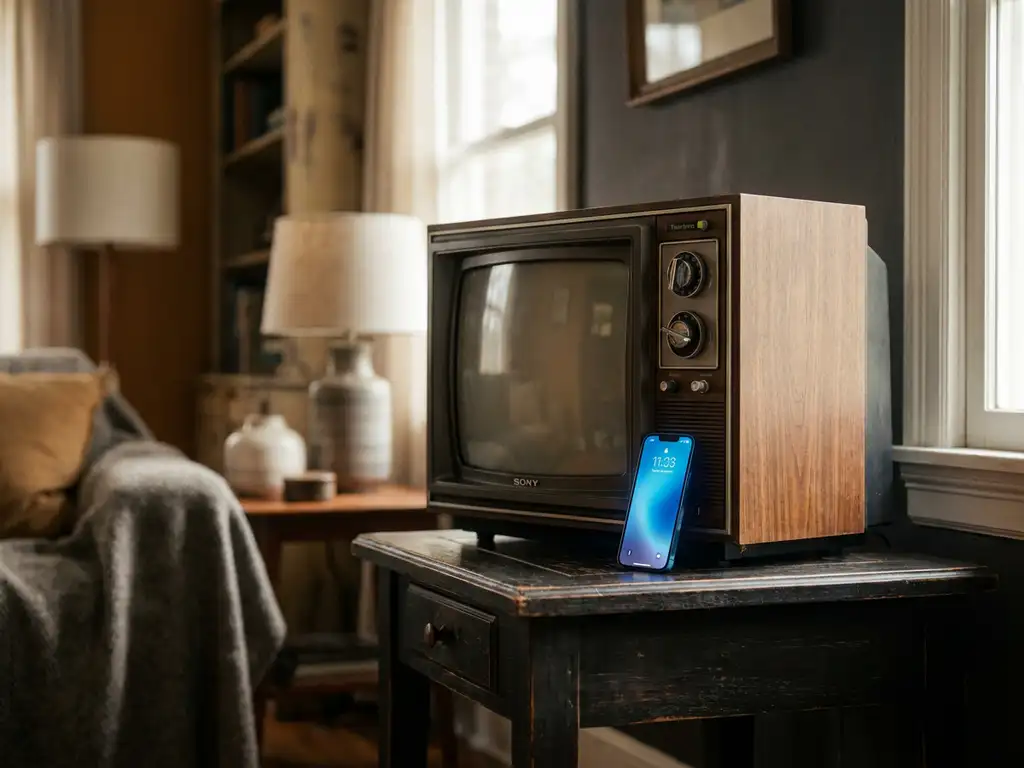 Vintage Sony TV on a wooden side table beside a glowing smartphone, contrasting analog and modern technology in a warm living room.