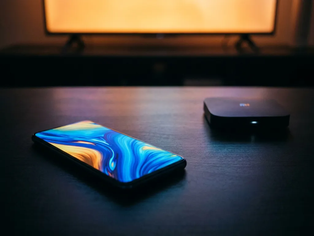 Android smartphone and Xiaomi TV Box on a dark surface with a large TV glowing in the background, suggesting wireless screen mirroring.