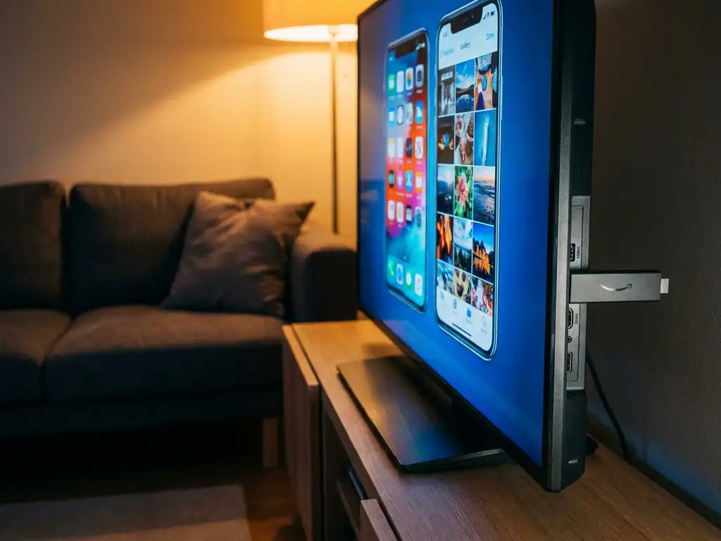 Amazon Fire TV Stick plugged into a flatscreen TV mirroring a smartphone screen, warm living room ambiance with blue screen glow.