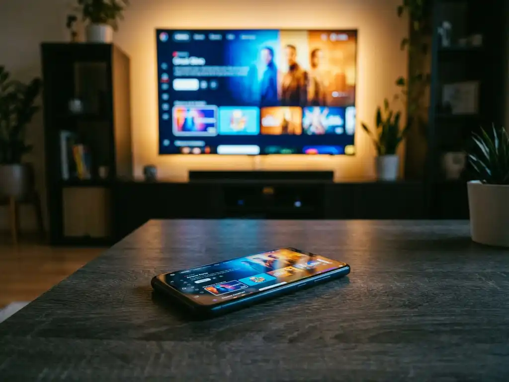 Android smartphone screen mirroring a colorful streaming app to a flatscreen TV in a softly lit living room.