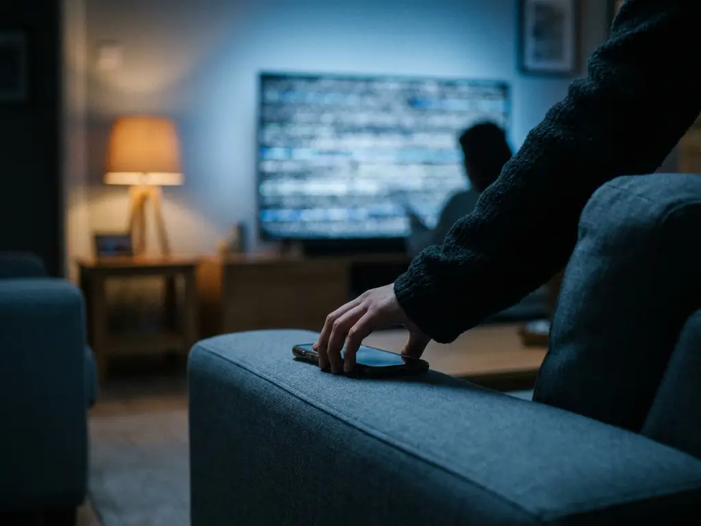 Frustrated person setting down a smartphone on a dark couch, smart TV showing an error screen casting blue light across a dim living room.