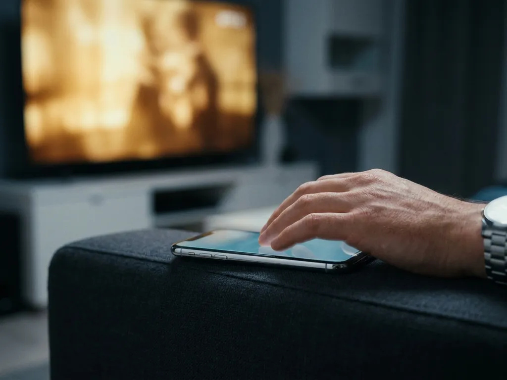 Hand navigating a smartphone touchscreen in a living room with a glowing smart TV in the background.