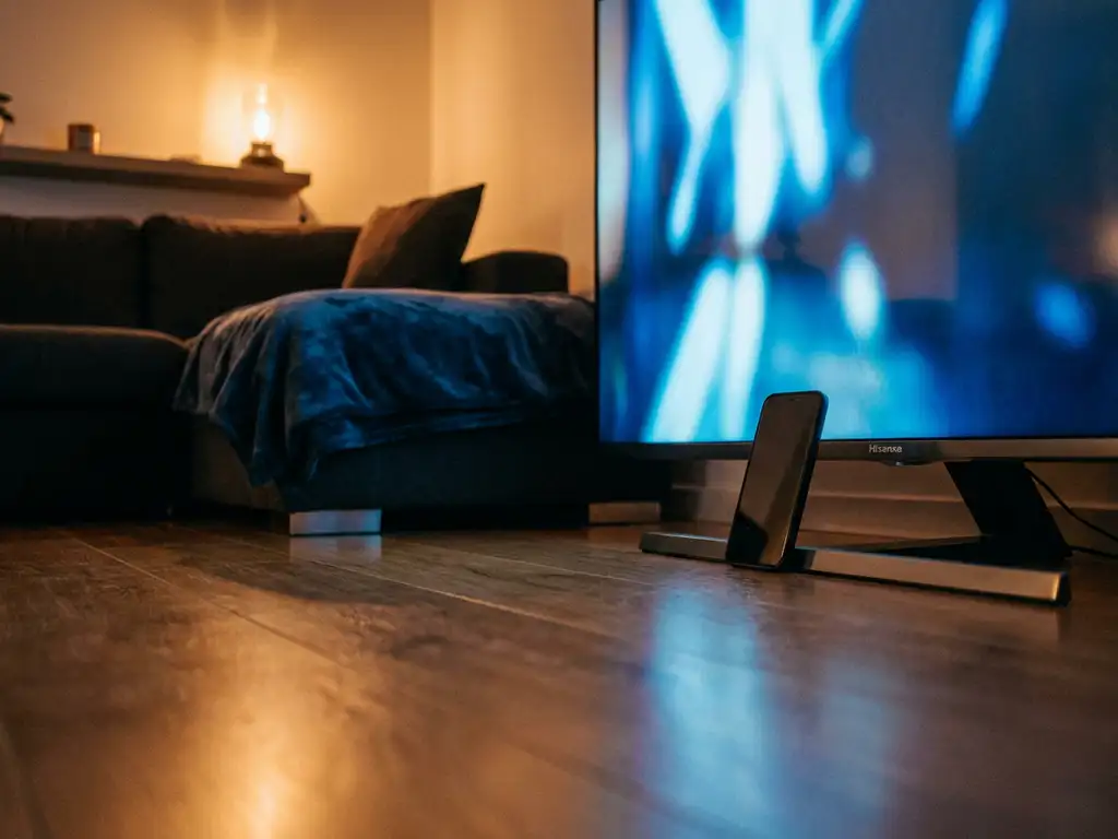Smartphone resting against a Hisense TV casting blue-white glow across a dark modern living room with wooden floors.