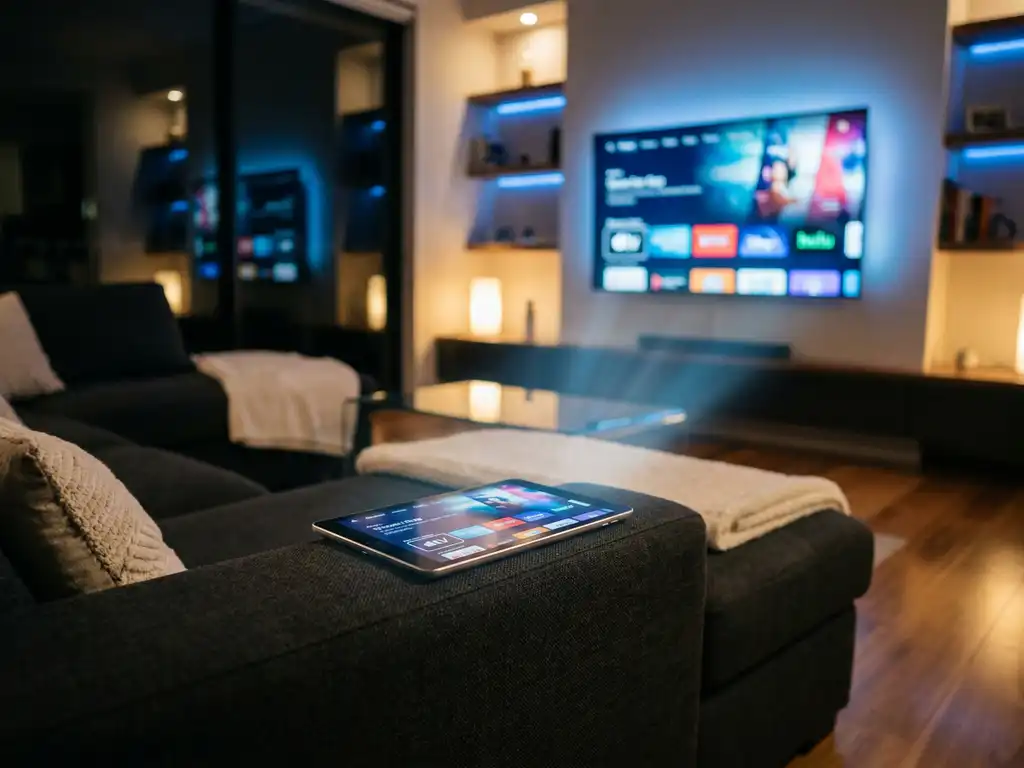 iPad on couch armrest mirroring a streaming interface to a glowing smart TV in a dimly lit living room.