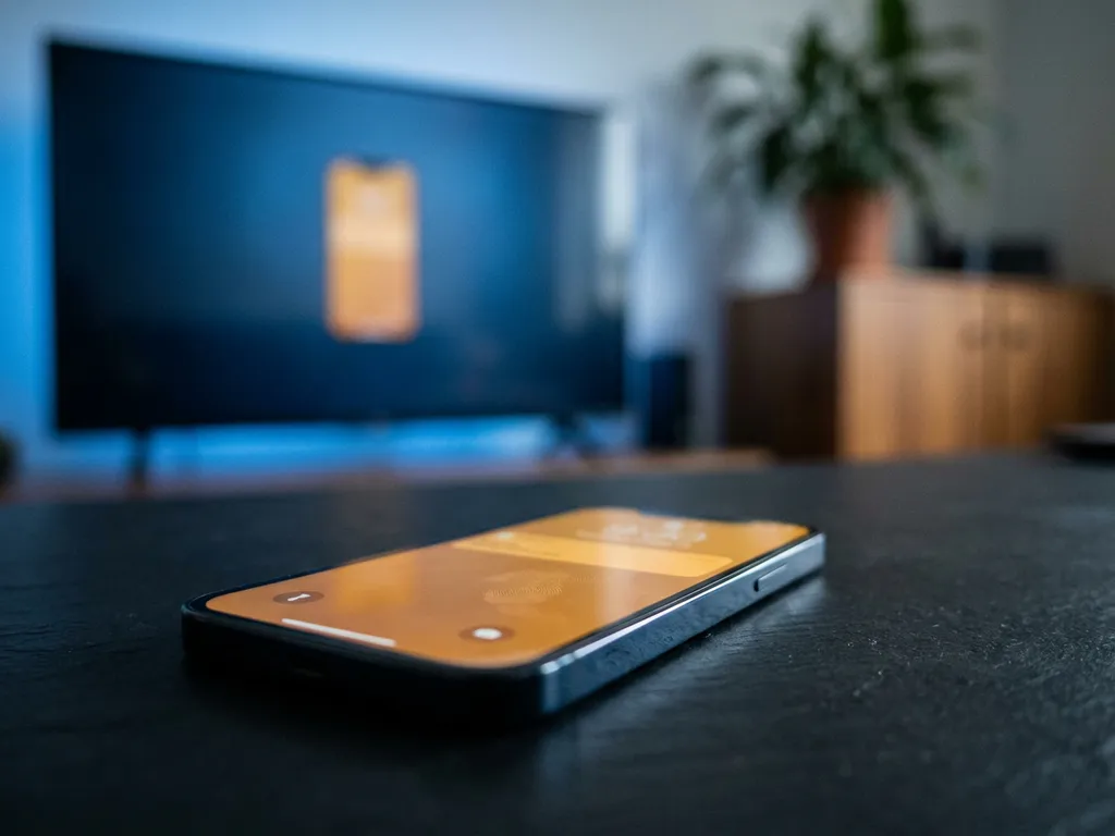 iPhone face-up on a dark matte surface with screen glow reflecting toward a modern smart TV in the background.