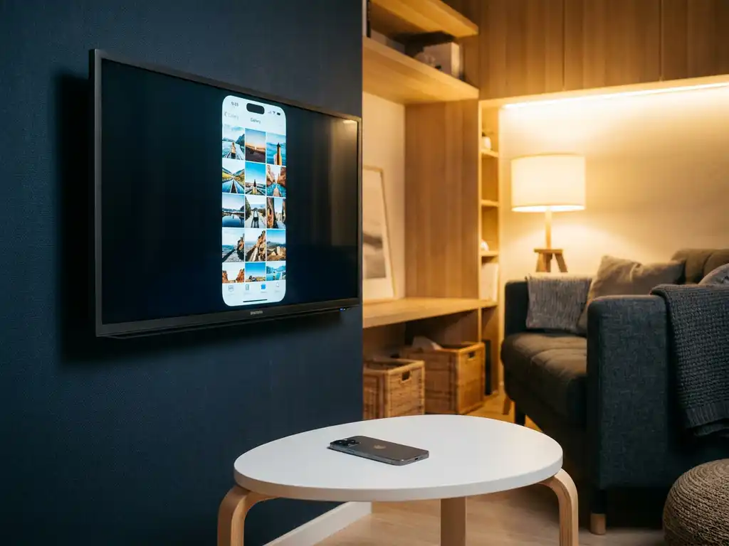 Samsung smart TV on living room wall mirroring an iPhone screen, warm ambient lighting with charcoal and navy tones.