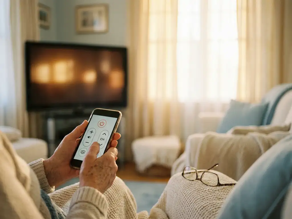 Older adult's hands holding a smartphone remote control, flatscreen TV glowing in background, reading glasses on couch armrest in warm afternoon light.