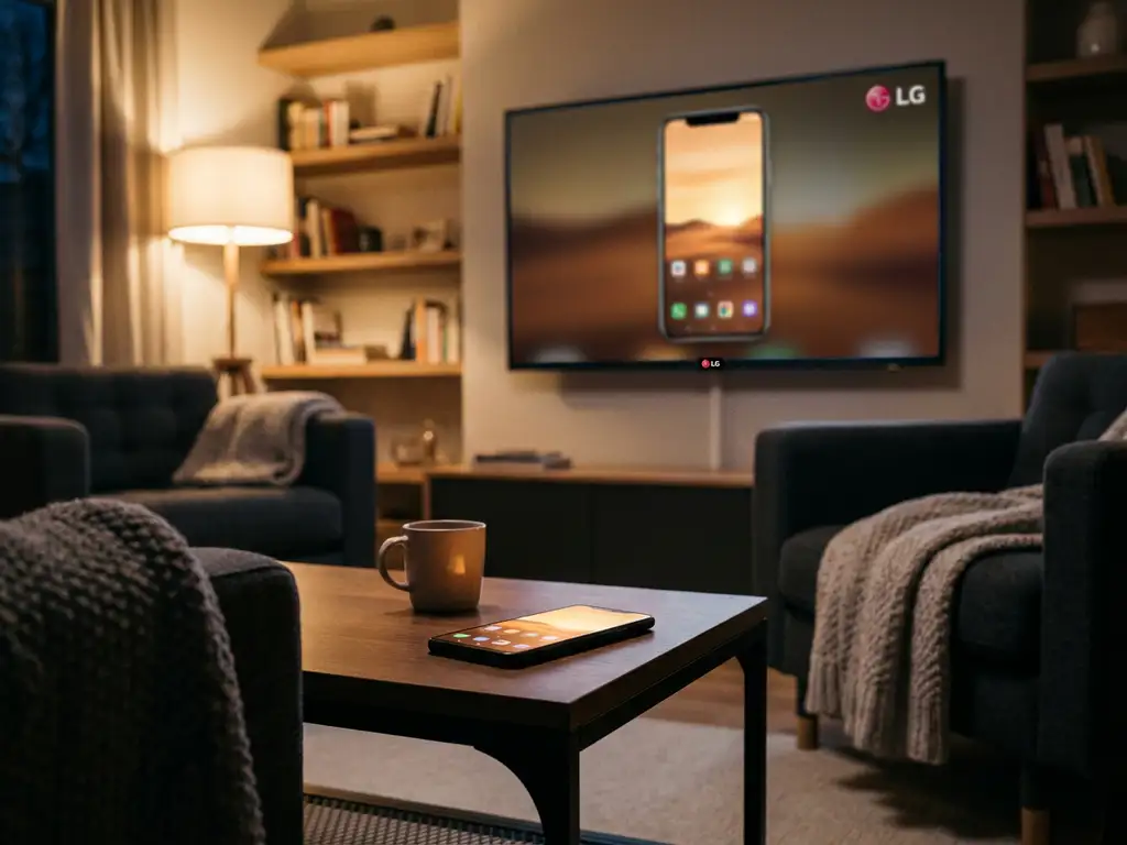 Smartphone on a coffee table wirelessly mirroring content to an LG smart TV in a dimly lit living room.