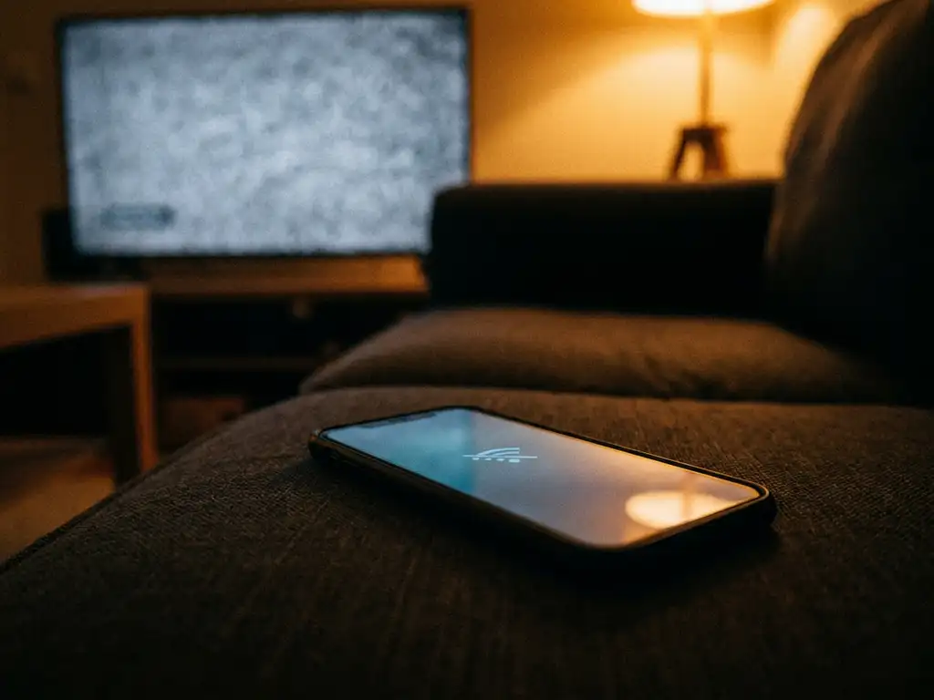 Smartphone with no signal icon glowing on a dark couch, blurred smart TV showing a grey static screen in the background.