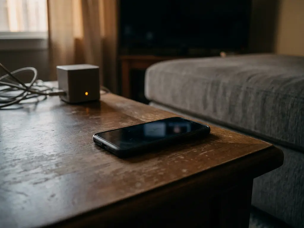Smartphone face-up on a wooden coffee table with a disconnected Wi-Fi router and dark smart TV reflected in dim living room light.