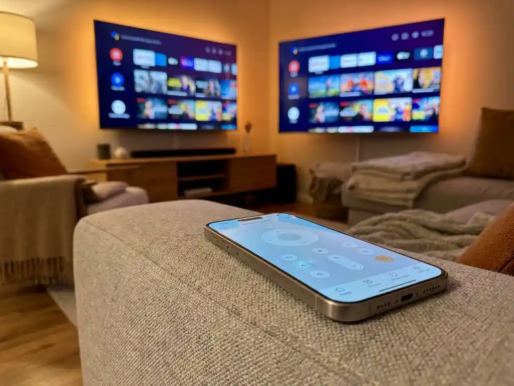 Smartphone displaying a remote control app aimed at a Philips smart TV showing a streaming menu in a dimly lit living room.