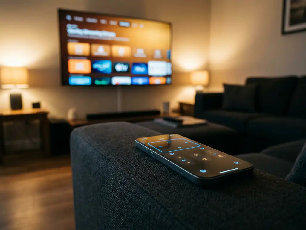Smartphone on couch armrest displaying a remote control interface, smart TV with streaming menu glowing in the background.