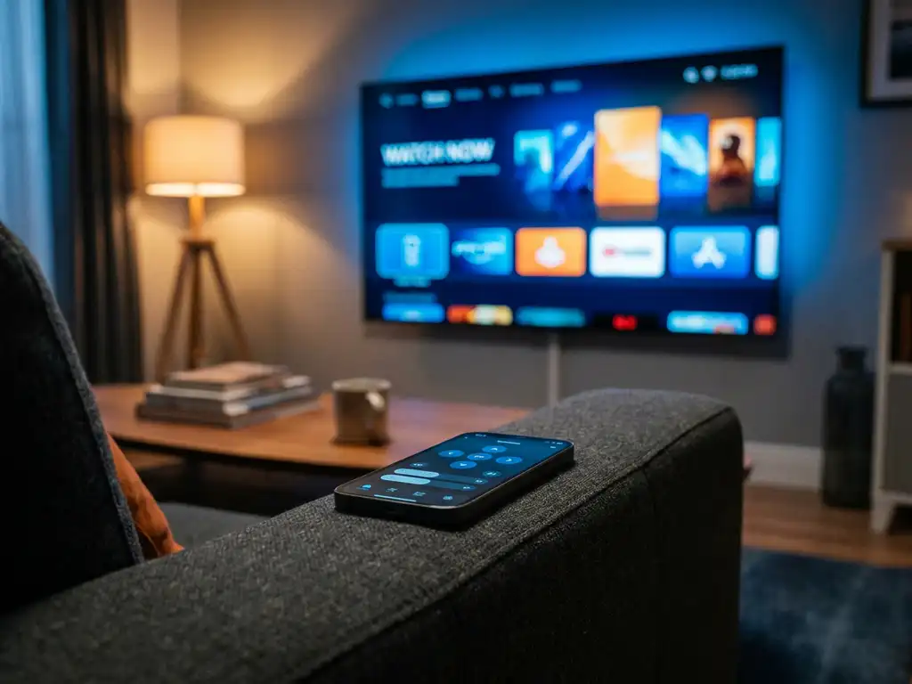 Smartphone displaying a remote control app on a couch armrest, aimed at a smart TV showing a streaming menu in a warmly lit living room.