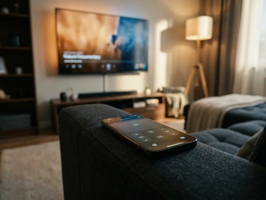 Smartphone displaying a remote control interface on a couch armrest, with a smart TV glowing softly in a warmly lit living room.