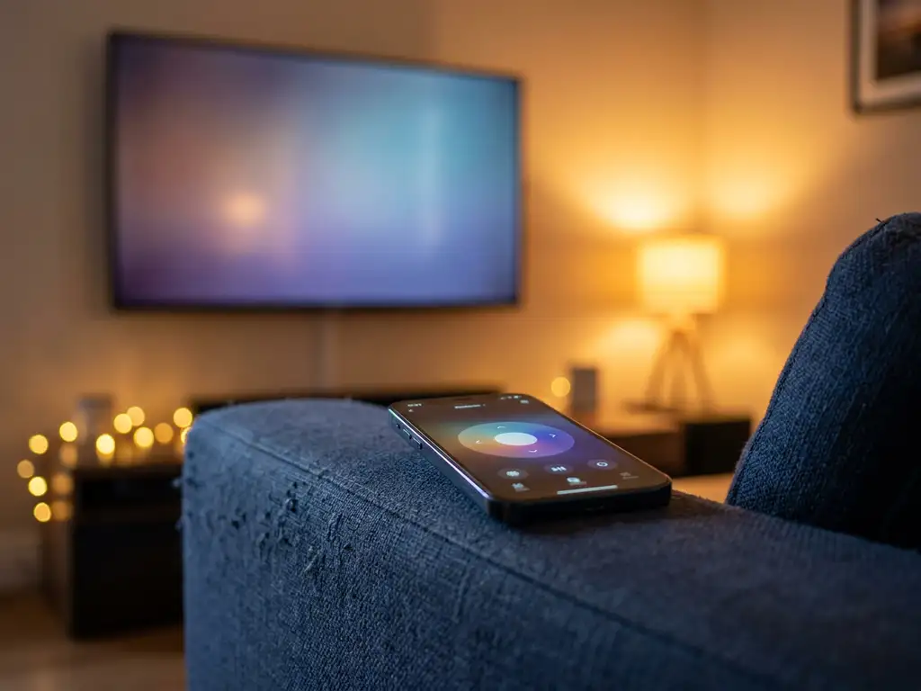 Smartphone displaying a remote control app on a couch armrest, with a smart TV switching channels in a warmly lit living room.