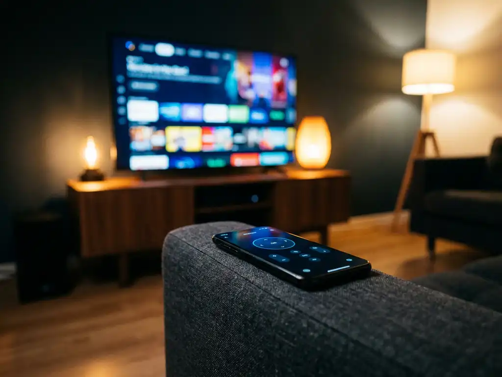 Smartphone displaying a remote control interface on a dark couch armrest, with a smart TV streaming menu glowing in the background.