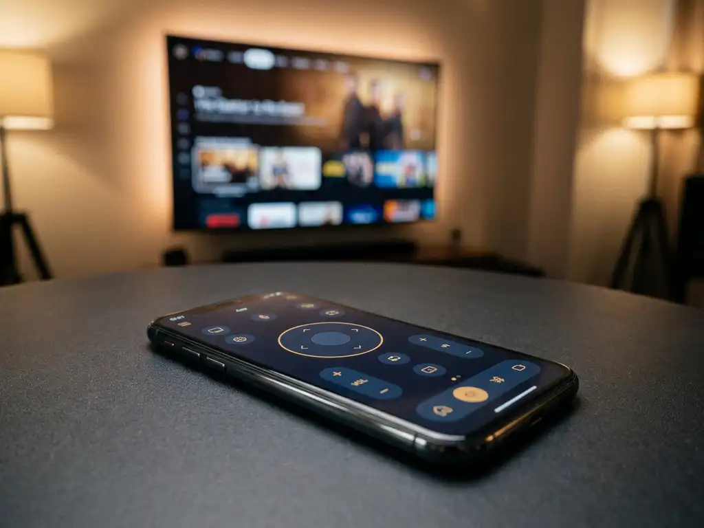 Smartphone displaying a remote control interface on a dark surface, with a smart TV streaming menu glowing in the background.