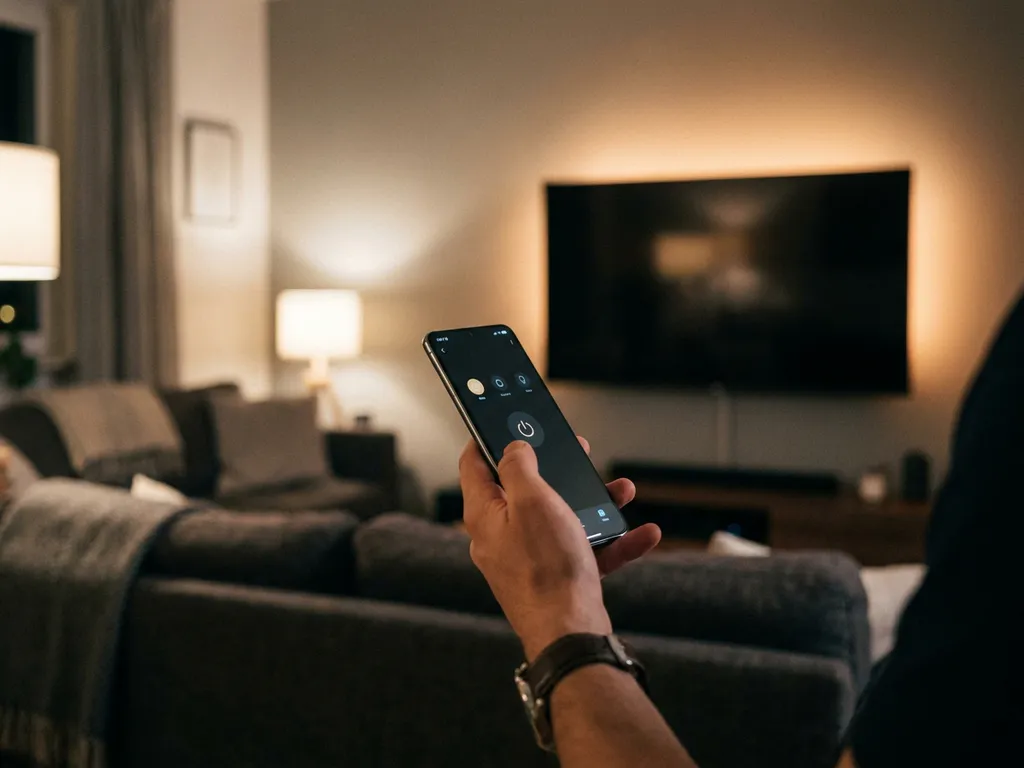 Hand holding a smartphone with a remote control app aimed at a glowing flatscreen TV in a dim living room.