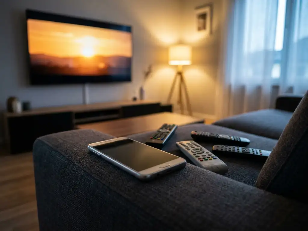 Smartphone on couch armrest replacing four scattered TV remotes, with a glowing smart TV in a warmly lit living room.