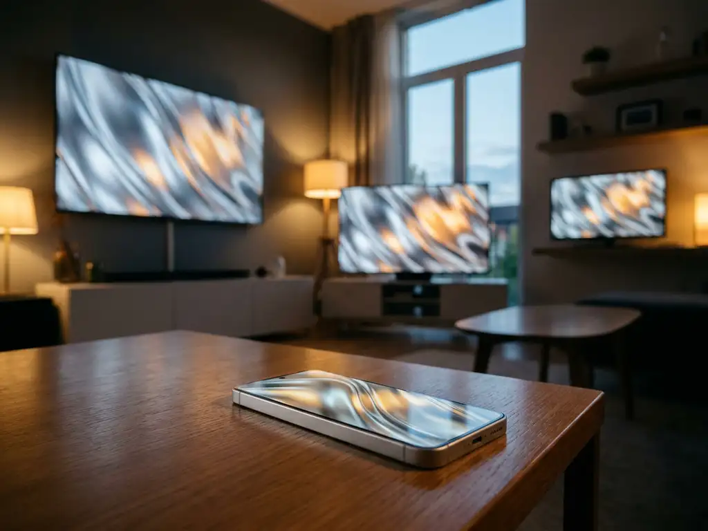 Smartphone on a coffee table casting a soft glow while three smart TVs in the background mirror its screen content.