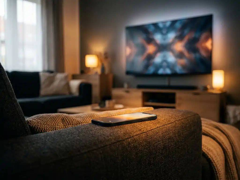 Smartphone on a living room couch mirroring content to a glowing smart TV, cinematic amber and blue ambient lighting.