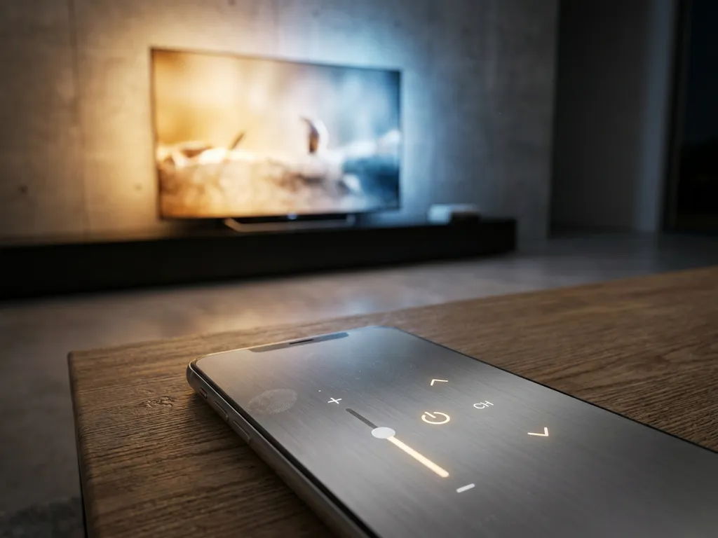 Smartphone displaying a remote control interface on a coffee table with a smart TV glowing softly in the background.