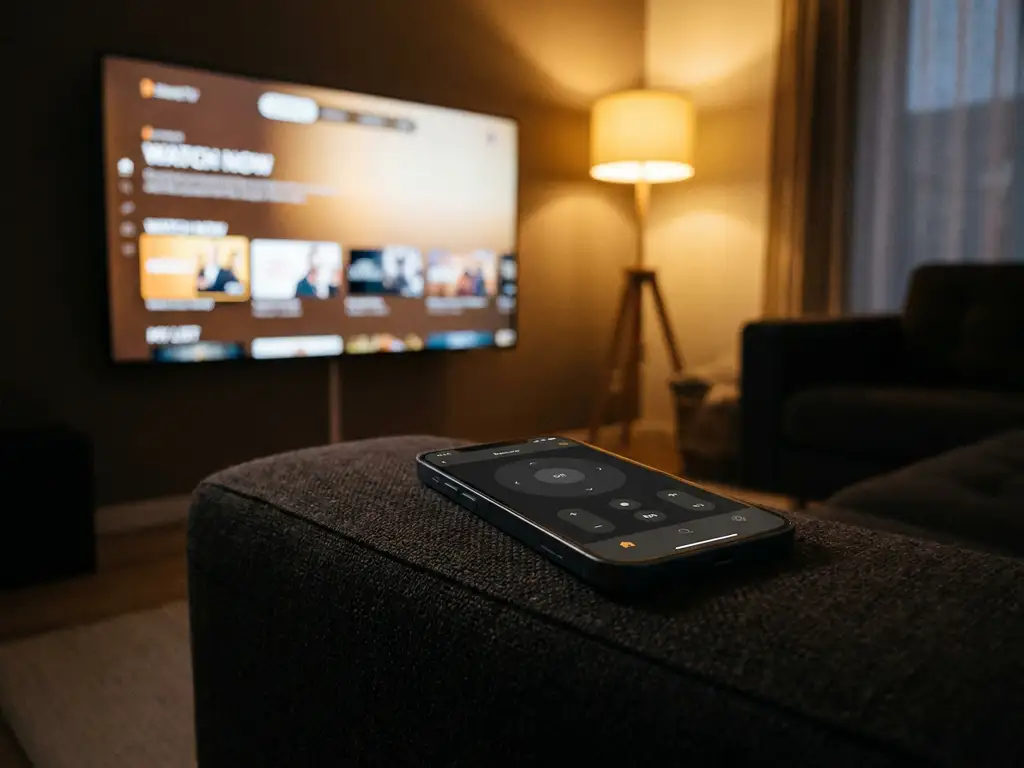 Smartphone displaying a remote control app on a couch armrest, with a smart TV streaming menu glowing in a warmly lit living room.