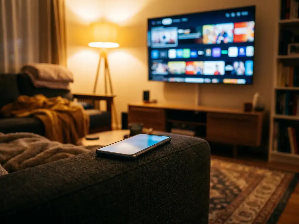 Smartphone on a couch armrest pointing toward a smart TV displaying a streaming interface in a warmly lit living room.