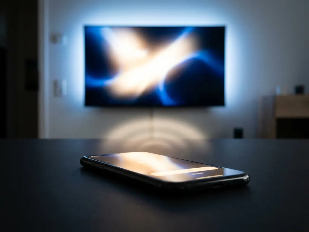 Smartphone glowing on a dark surface with a smart TV illuminated in the background, connected by wireless signal in warm blue and white tones.