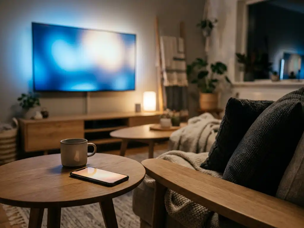 Smartphone on a coffee table wirelessly mirroring content to a smart TV in a cozy, softly lit living room.