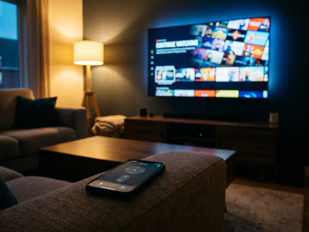 Smartphone on couch armrest casting a soft glow toward a smart TV displaying a streaming interface in a dimly lit living room.
