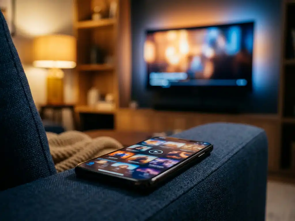 Smartphone on a couch armrest displaying a streaming app, with a glowing smart TV in a warmly lit living room background.