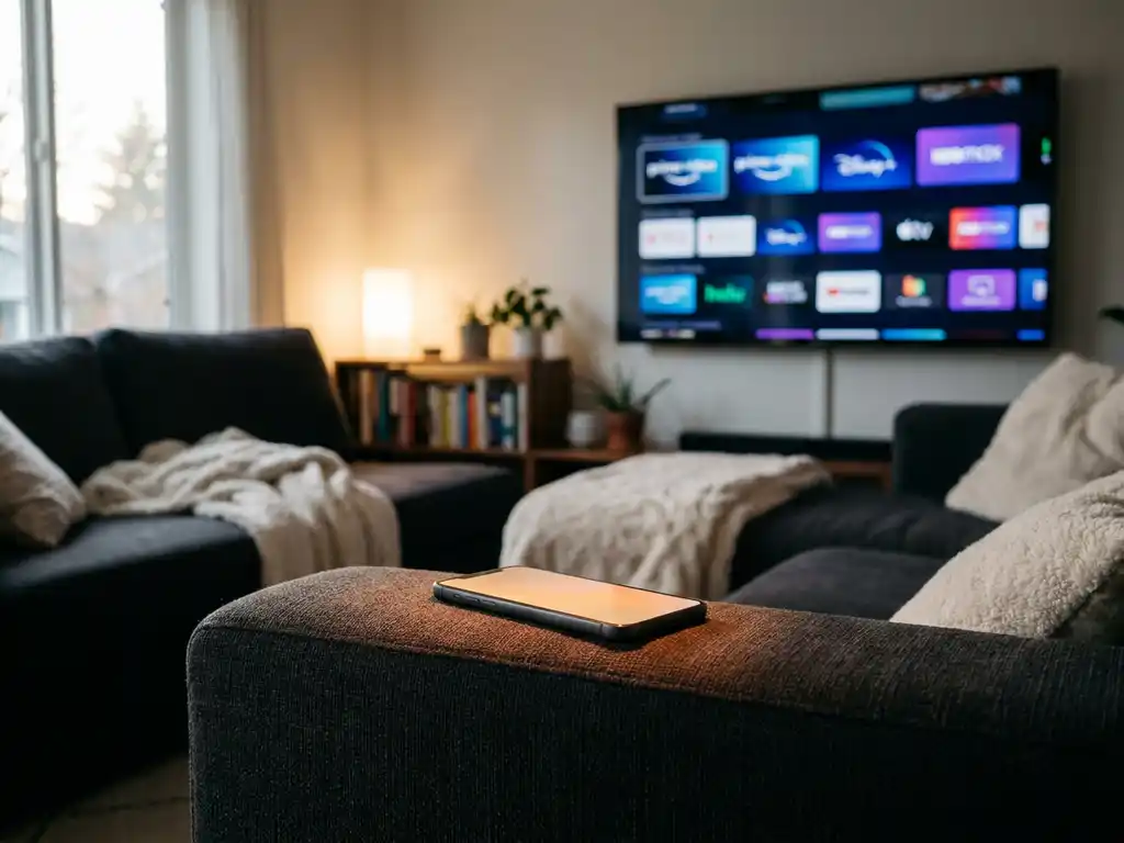 Smartphone on couch armrest glowing toward a Panasonic TV displaying a streaming interface in a dimly lit living room.