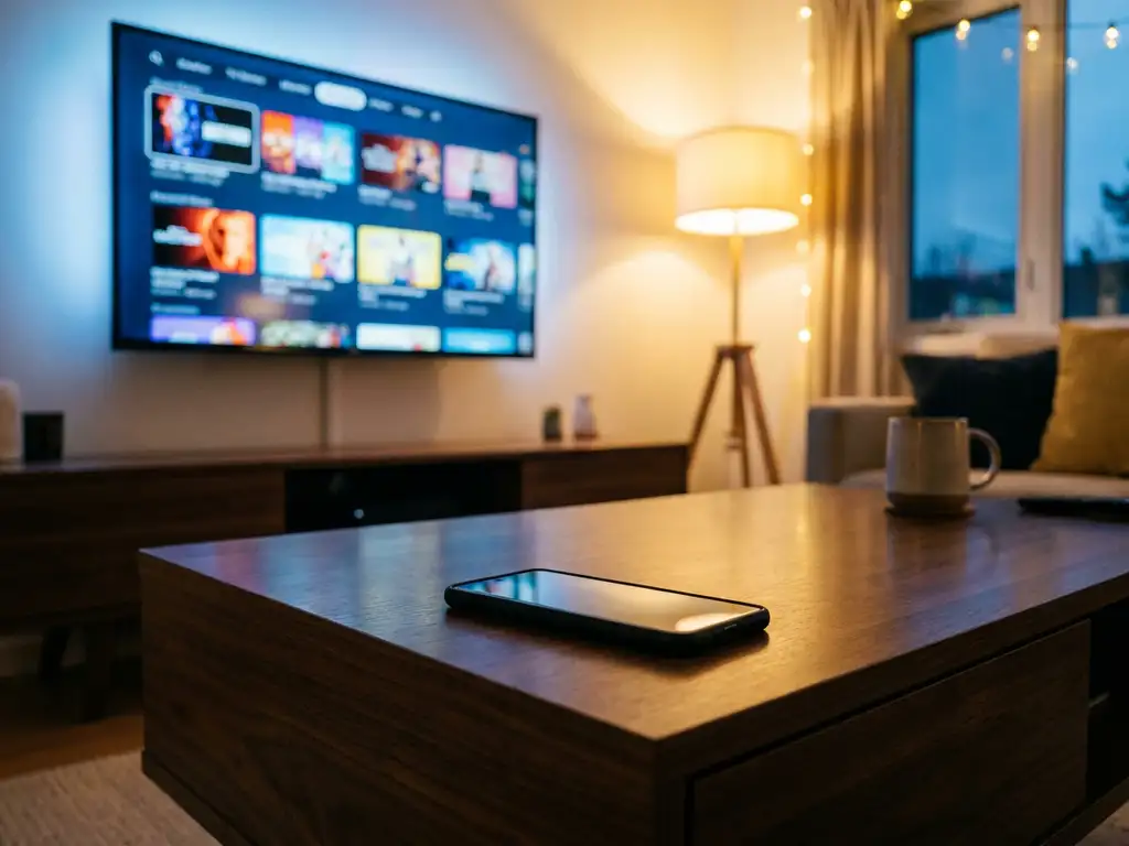 Smartphone on a coffee table controlling a TCL TV displaying a streaming interface in a warmly lit living room.