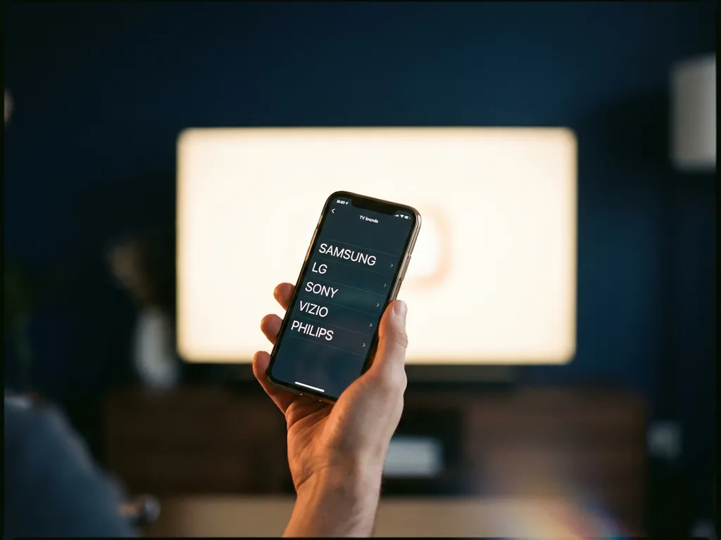 Hand holding a smartphone with a TV brand selection screen, a glowing smart TV softly lit in a dim living room behind it.