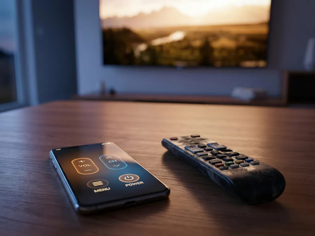 Smartphone displaying a TV remote app beside a dusty physical remote on a coffee table, flatscreen TV glowing softly in the background.