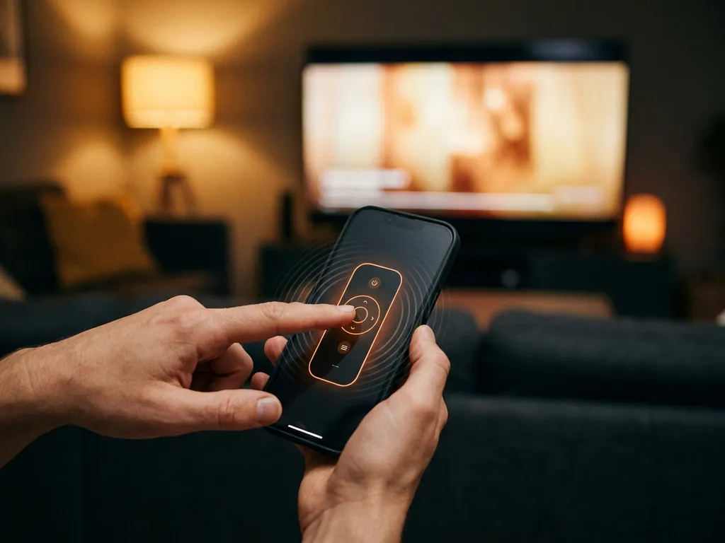 Finger tapping a smartphone TV remote app, with a flatscreen TV glowing in a warmly lit living room background.