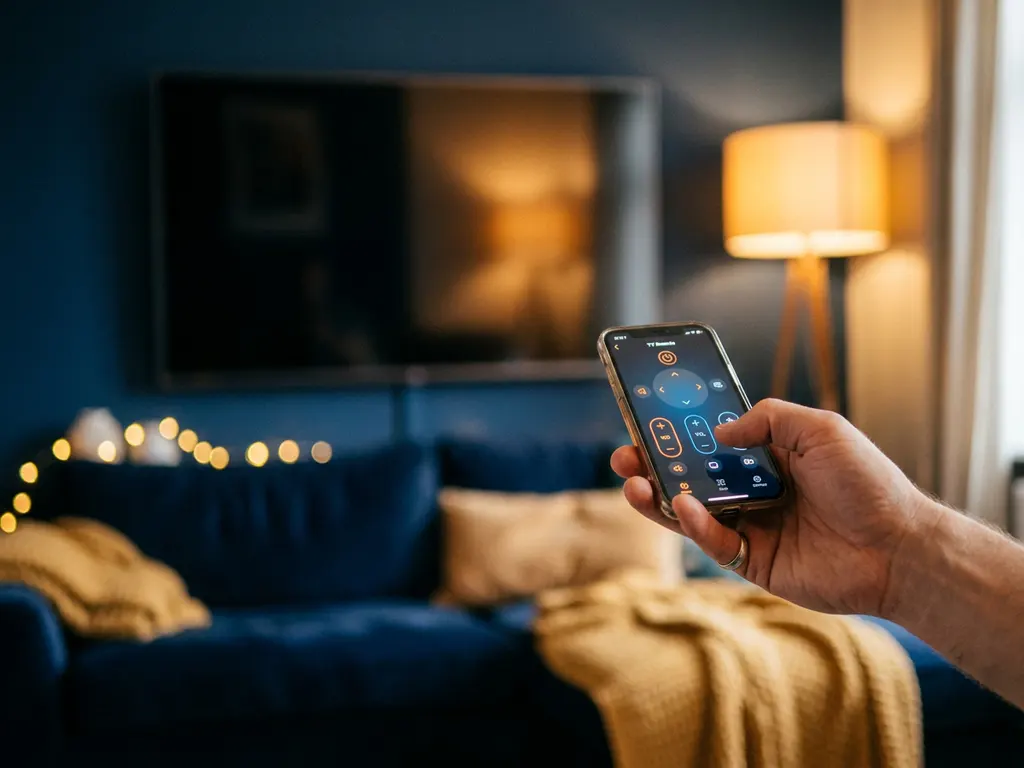Hand holding a smartphone with a glowing TV remote app aimed at a flatscreen TV in a dimly lit modern living room.