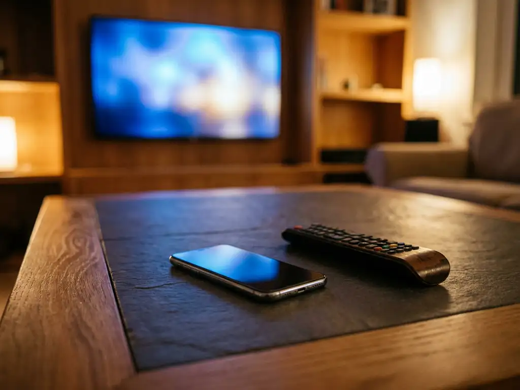 Smartphone and TV remote on a coffee table with a glowing smart TV in the background, warm ambient lighting.