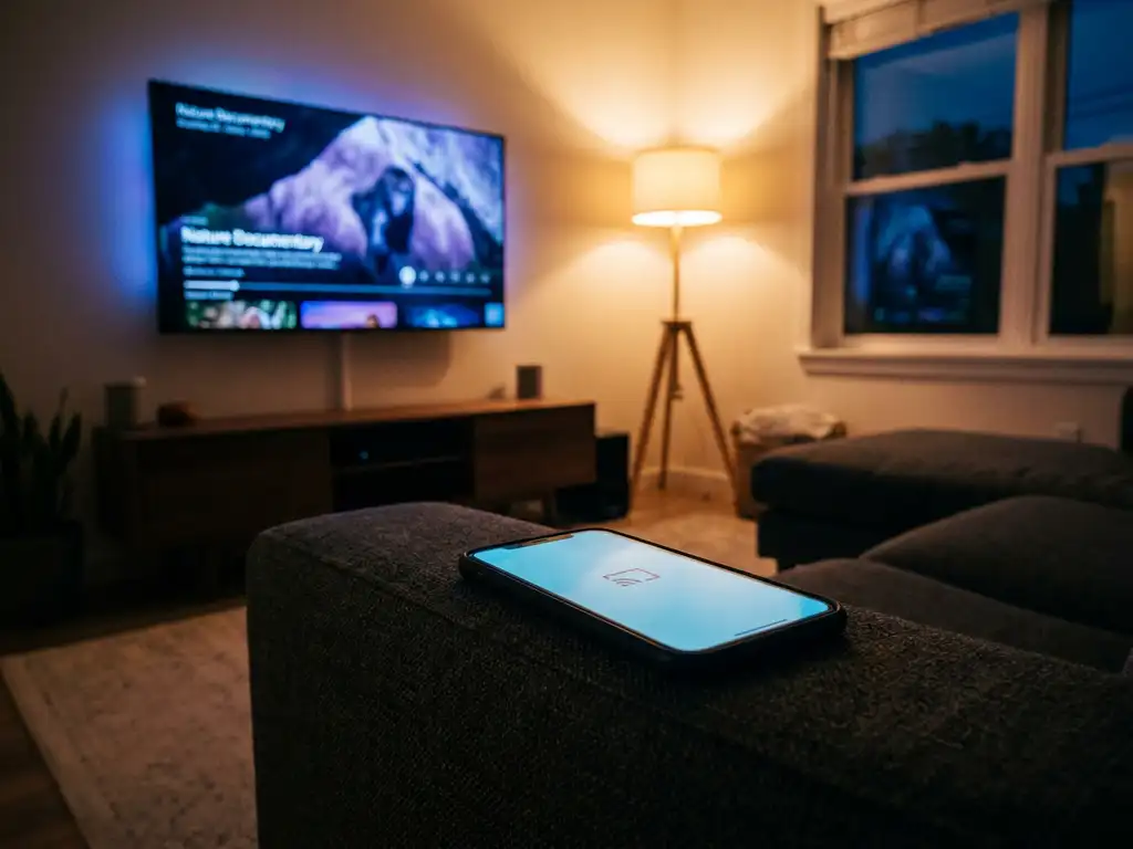 Smartphone on couch armrest wirelessly casting to a glowing smart TV in a dimly lit living room, no cables needed.