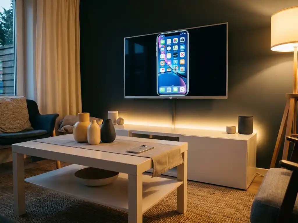 Sony TV mounted on a living room wall mirroring an iPhone screen, with the smartphone resting on a white side table below.